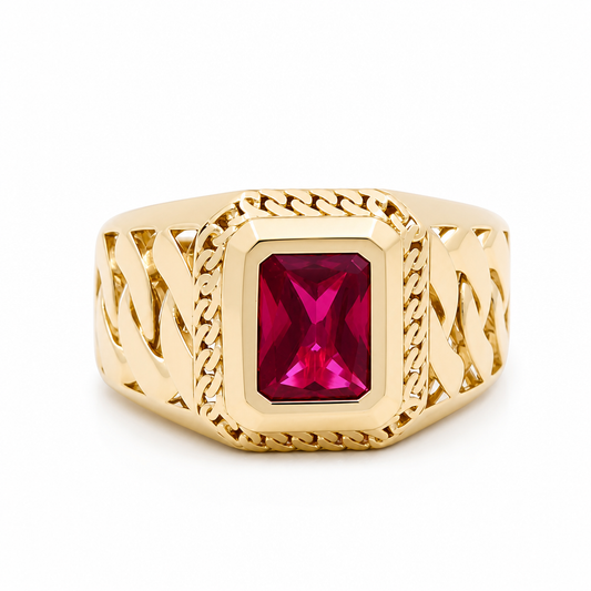 10K Yellow Gold Men's Ring With Red Cz Stone / Size:12  / Weight: 5.7 GR / DQMR0FS-9