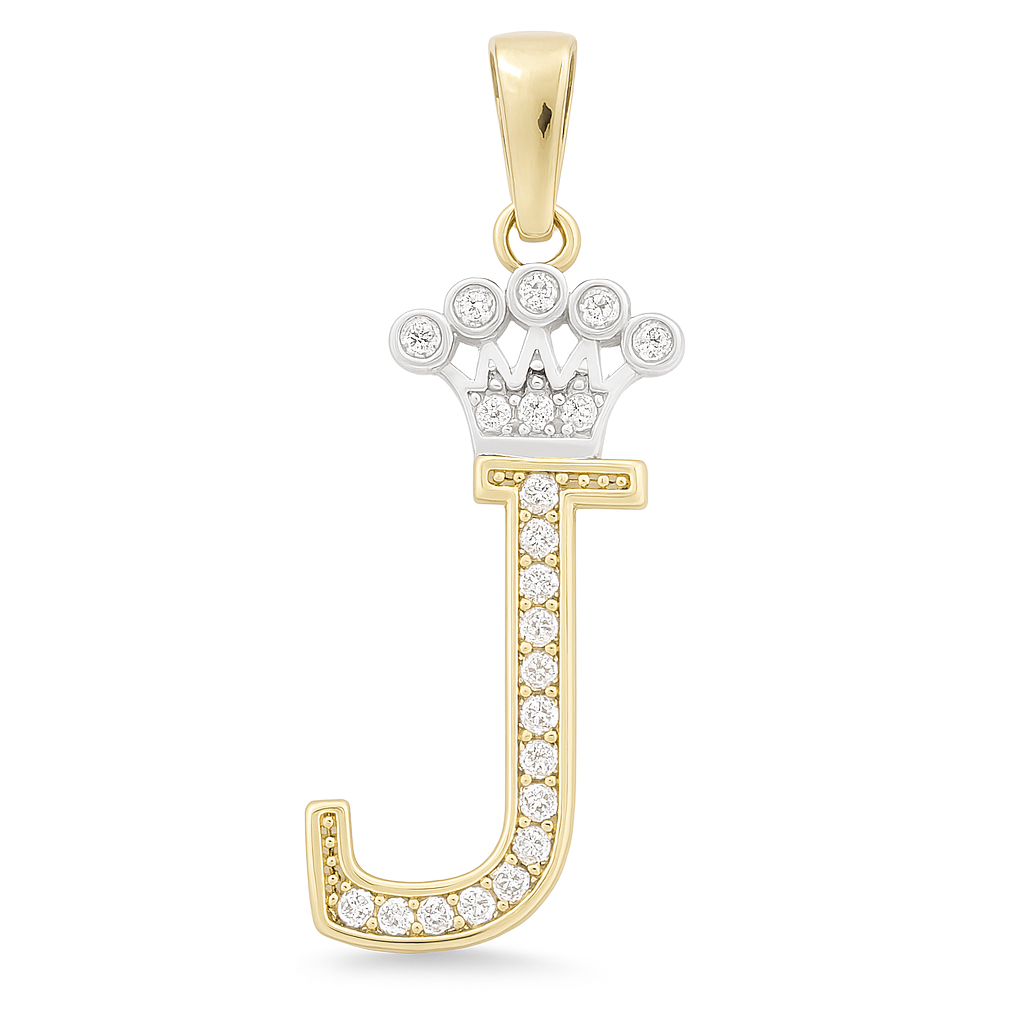 14K Yellow and White Gold Initial J with Crown / Size: 25mm / Stone: Cz / Weight: 0.8 GR / 73251J