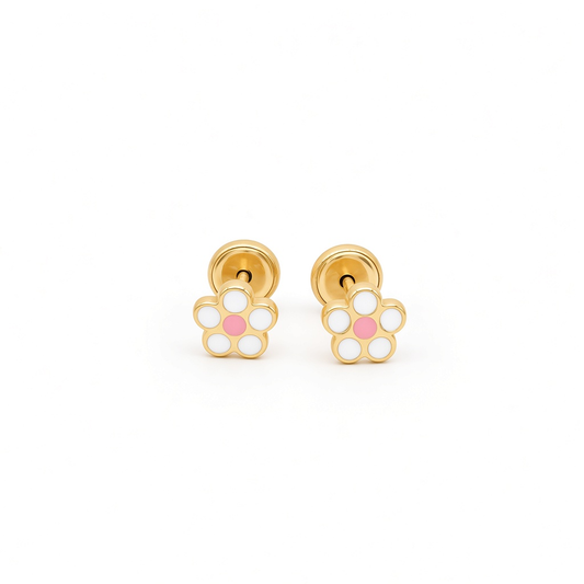 14K Yellow Gold White Flower Stud Earrings / 6-869601P