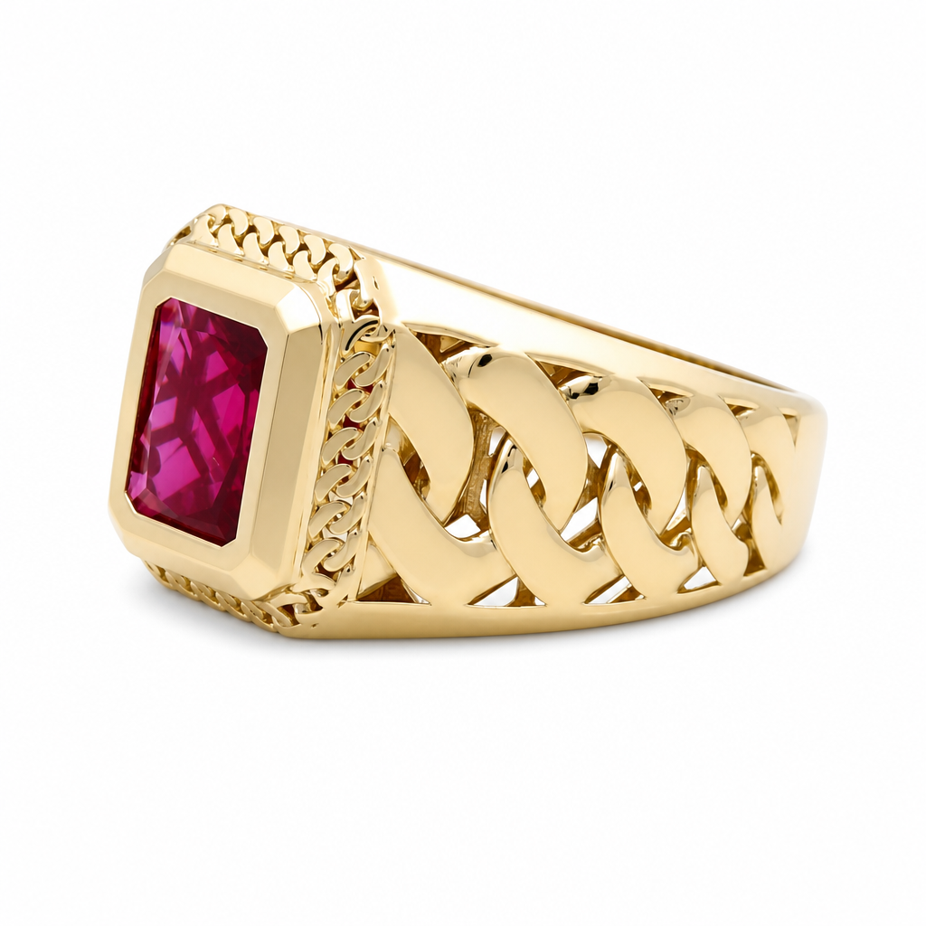 10K Yellow Gold Men's Ring With Red Cz Stone / Size:12  / Weight: 5.7 GR / DQMR0FS-9