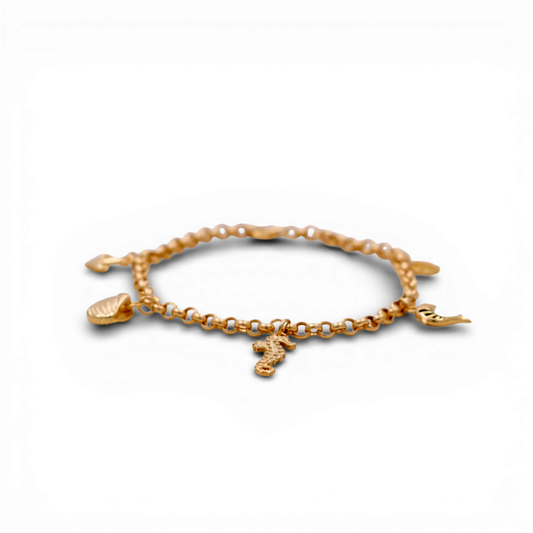10k Yellow Gold Rolo Women's Bracelet with Hanging Marine Charms / Size: 7.5" / Weight: 4.1 GR