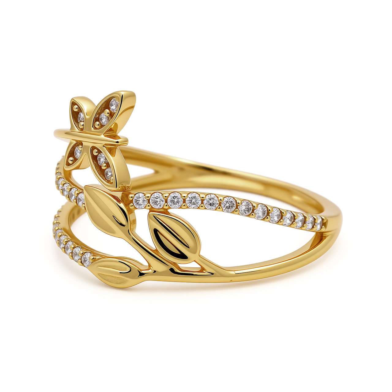 14K Yellow Gold Butterfly with Leaves Women's Ring with Cz / Size: 7.5 / Weight: 2.2 GR / CEEWR4BT-3