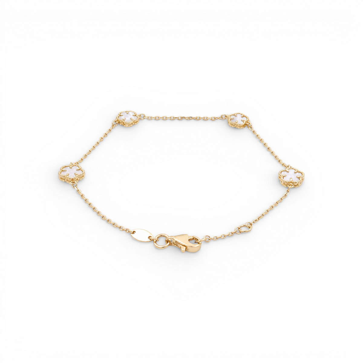 Pulsera de trébol blanco para mujer de oro amarillo 14K / Medida: 7'' / Peso: 2.3GR / 401-01961