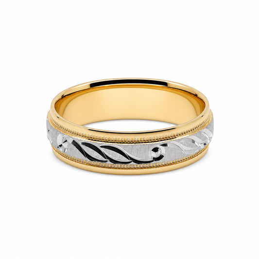 14K Yellow and White Gold Men's Wedding Band With Design / Size: 10 / Weight: 4.9 GR / WBEEMWBTT4DS-1