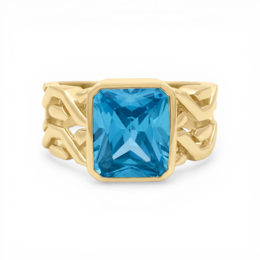 10K Yellow Gold Fashion Men's Ring with Light Blue Stone / Size: 9.5 / Weight: 9.2 GR