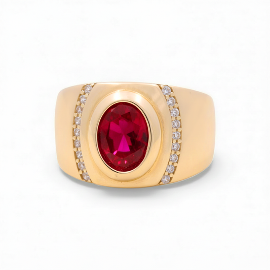 14K Yellow Gold Men’s Red Stone Ring / Stone: Cz / Size 12 / Weight: 9.2 GR / COMR4FS-56