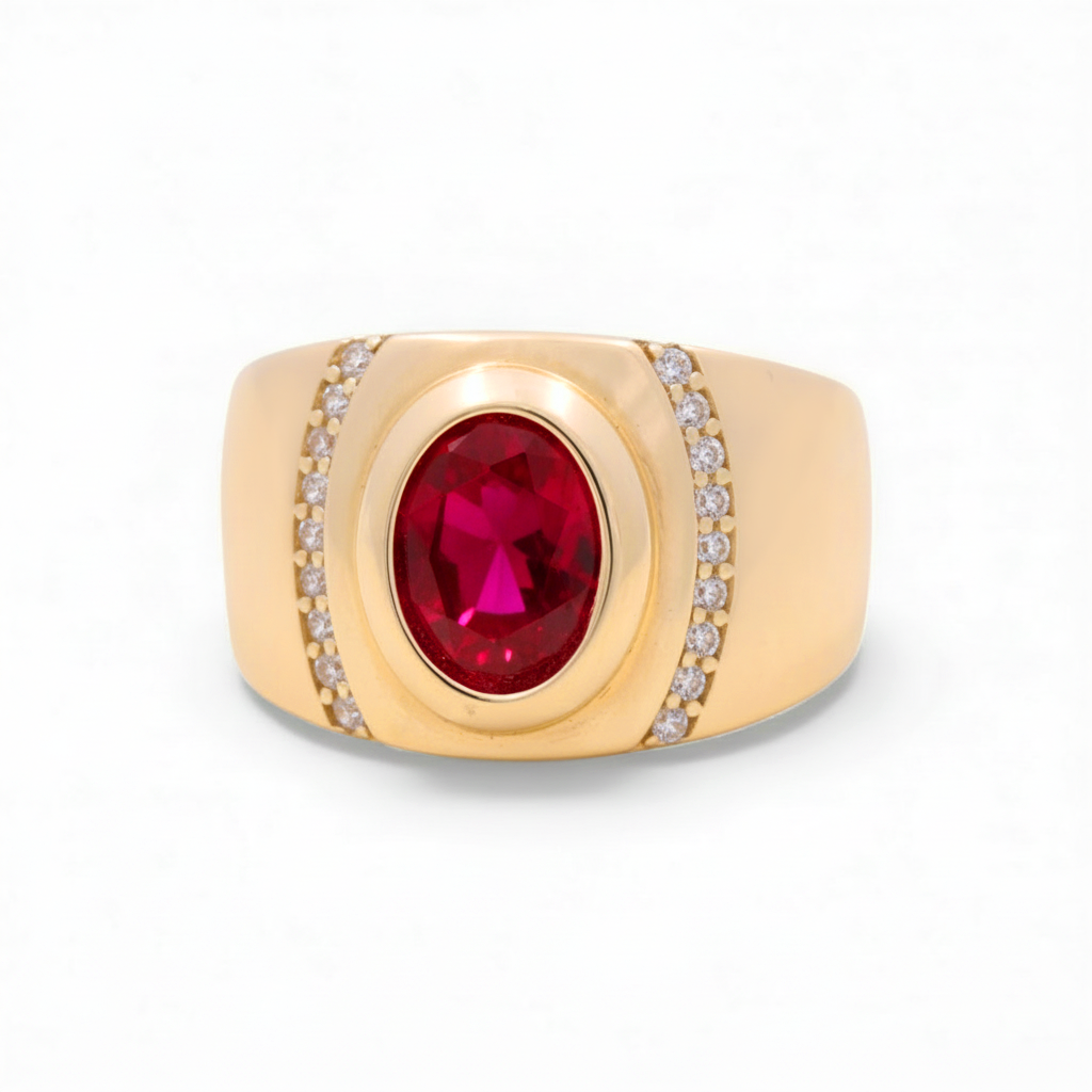 14K Yellow Gold Men’s Red Stone Ring / Stone: Cz / Size 12 / Weight: 9 GR / COMR4FS-56