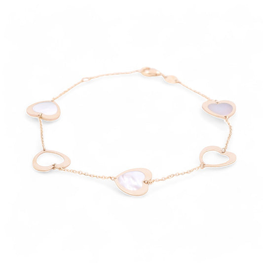 14K Yellow Gold Woman's Mother of Pearl Heart Bracelet / Size: 7.5" / Weight: 2.6 GR / 447-01186