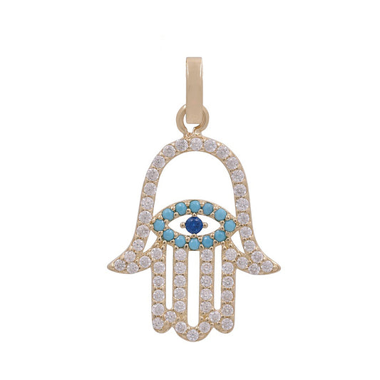 10K Yellow Gold Hand of Fatima Pendant with White and Blue Stone / CZ / Weight: 0.9 GR / DPPD0MF