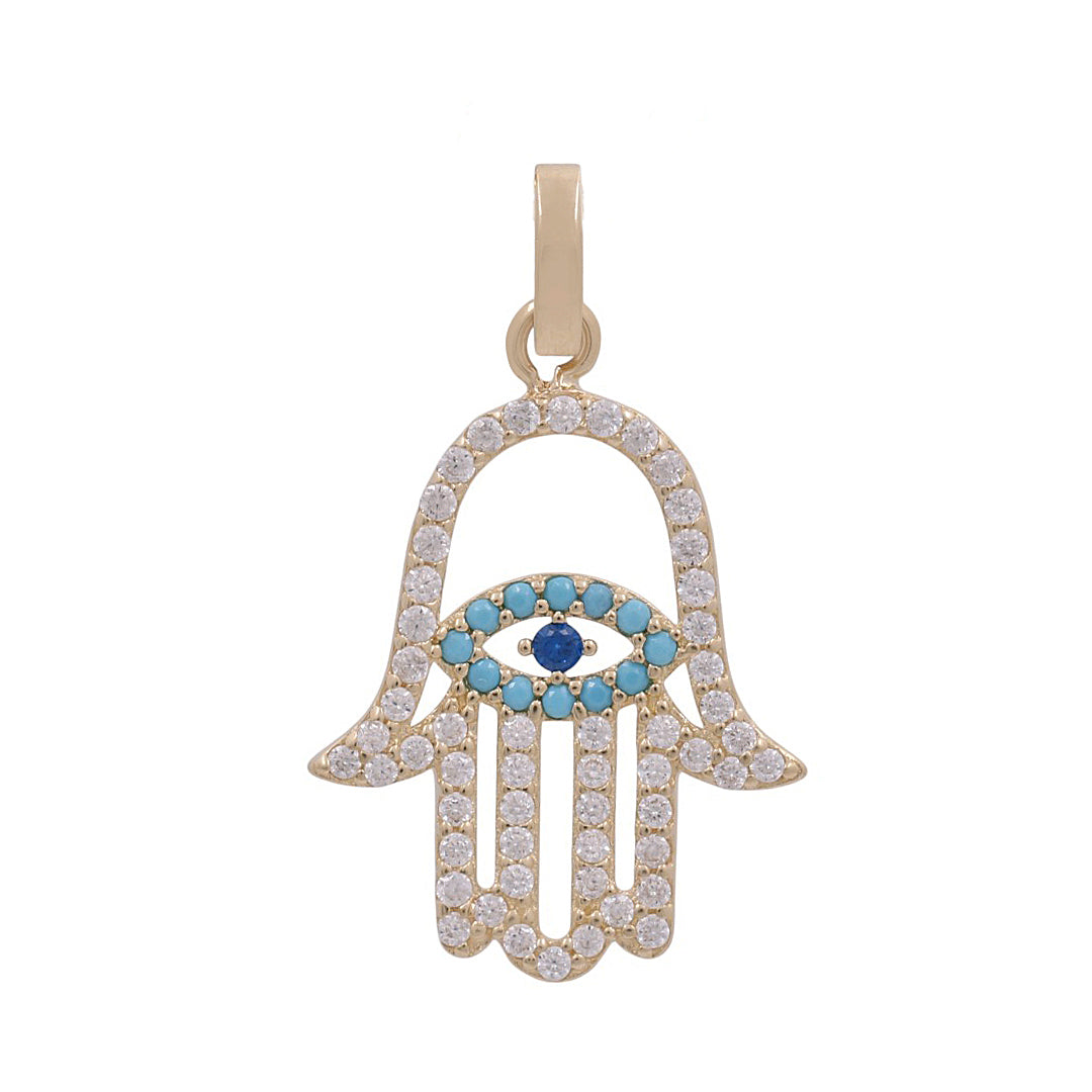 14K Yellow Gold Hand of Fatima Pendant with White and Blue Stone / CZ / Weight: 1 GR / DPPD4MF