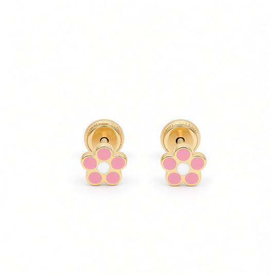 14K Yellow Gold Pink Flower Stud Earrings / 6-869601P