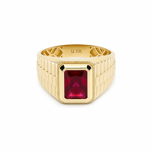10K Yellow Gold SQ Men's Ring with Red Cz / Size: 10 / Weight: 4.4 GR / DQMR0FS-13
