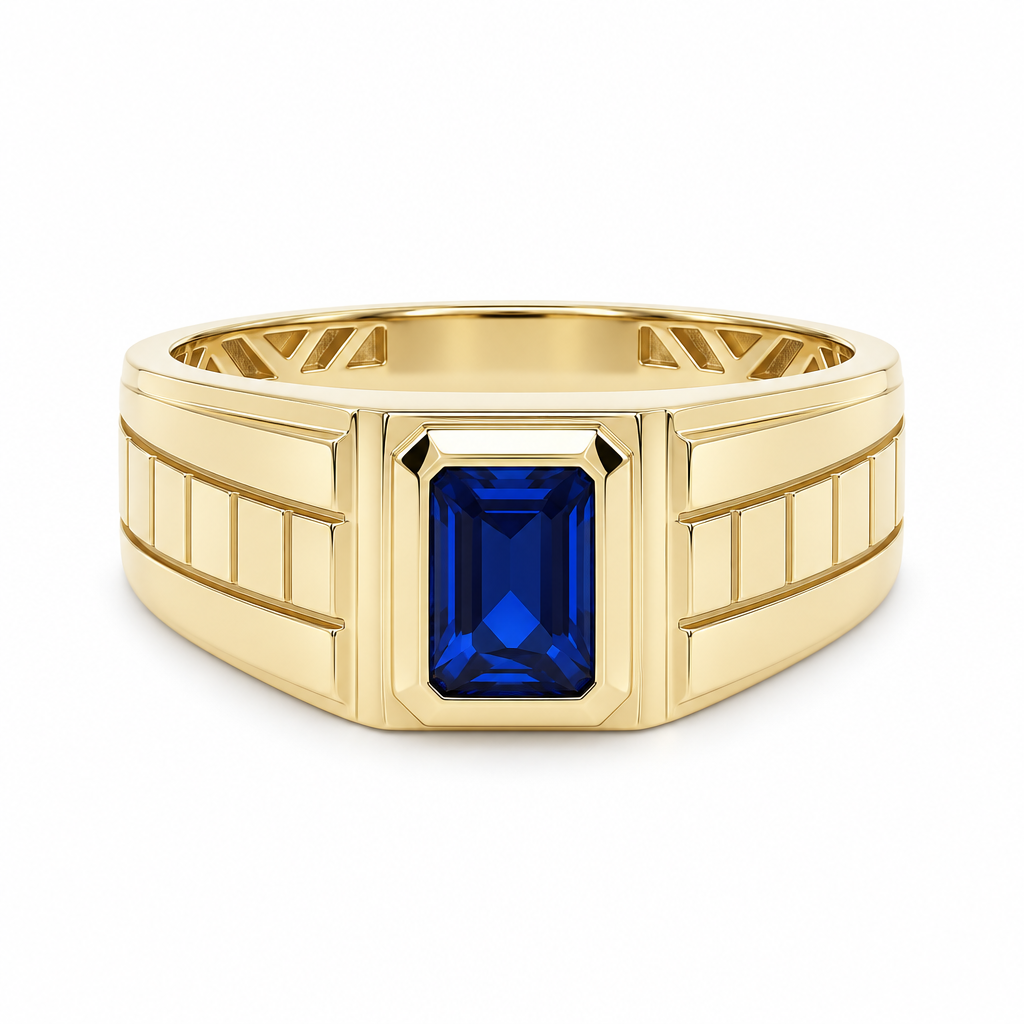 14K Yellow Gold SQ Fashion Men's Ring with Blue Cz / Size: 11 / Weight: 4.3 GR / DQMR4FS-14