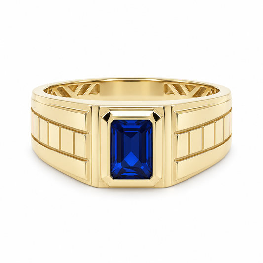 14K Yellow Gold SQ Fashion Men's Ring with Blue Cz / Size: 10 / Weight: 4.3 GR / DQMR4FS-14