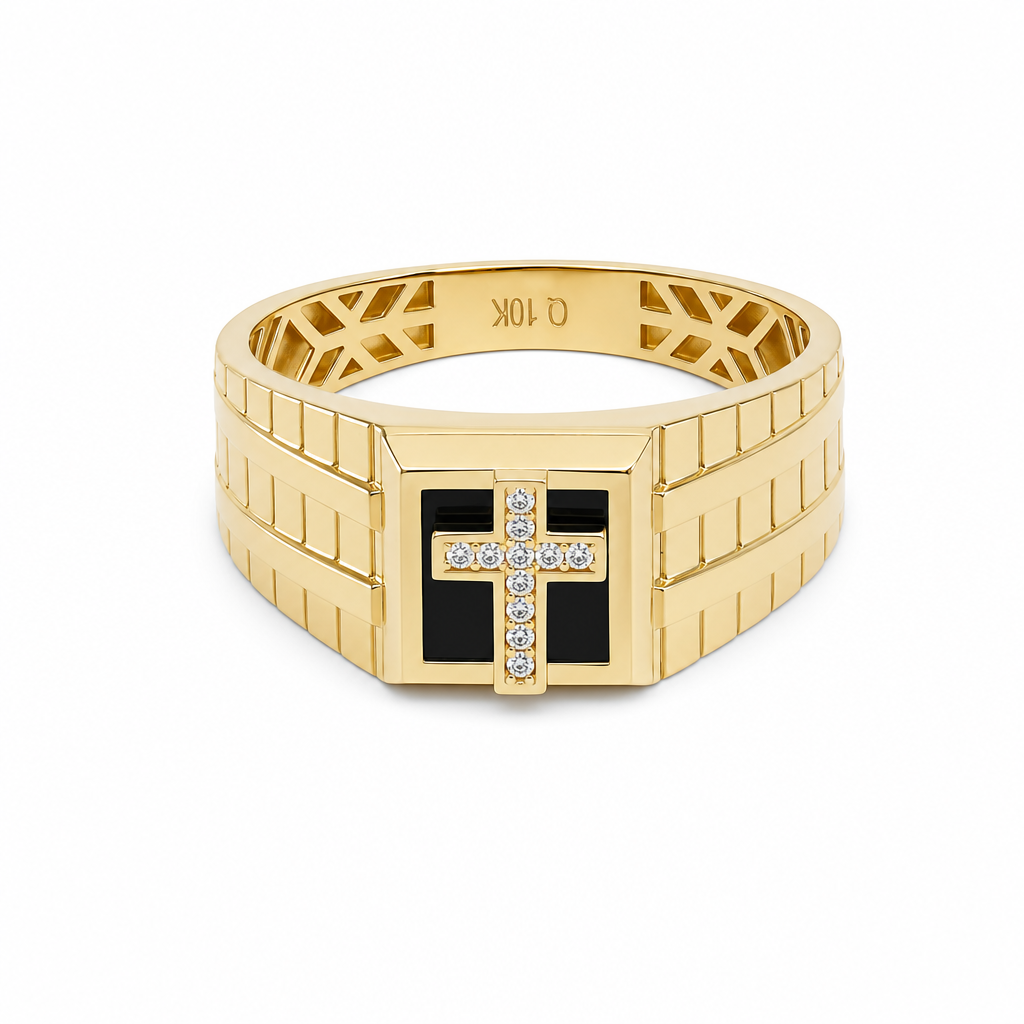 10K Yellow Gold Men's SQ Cross Ring with Onyx & Cz Stone/ Size: 11.5 / Weight: 4.5 GR /CQMR0CS-9