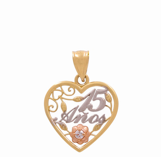 14K Yellow, White and Rose Quinceañera Heart Pendant with Cz / Weight: 1.8 GR