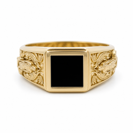 10K Yellow Gold SQ  Men's Ring with Onyx and San Lazaro / Size: 12 / Weight: 6.1 GR