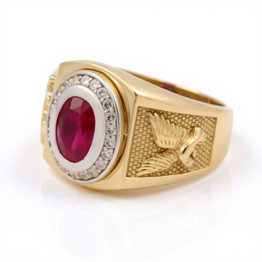 10K Yellow Gold Men’s Red Stone Ring w/ Side Eagle / Cz / Size 10.5 / Weight: 6.2 GR