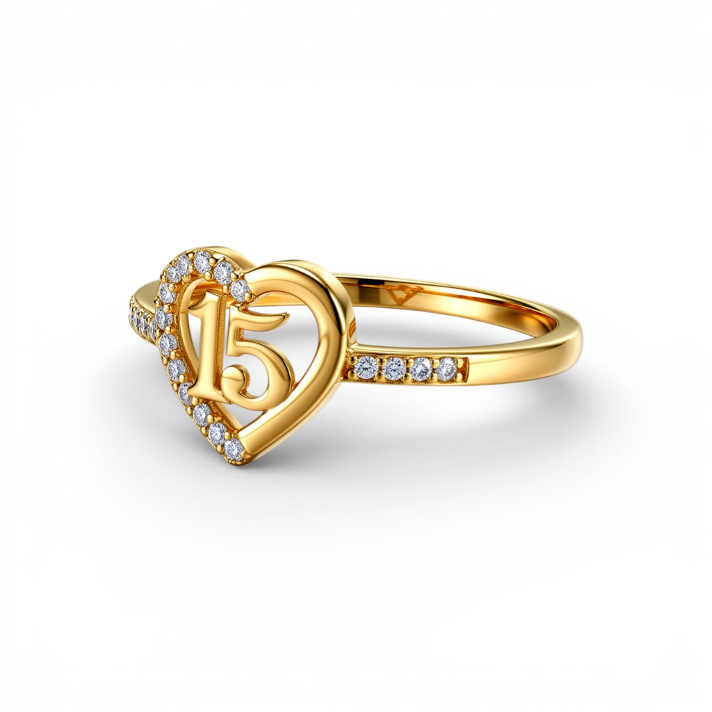 10K Yellow Gold Quinceañera Women's Ring with Heart and Cz / Size: 8 / Weight: 1.3 GR / DQWR0HR-20