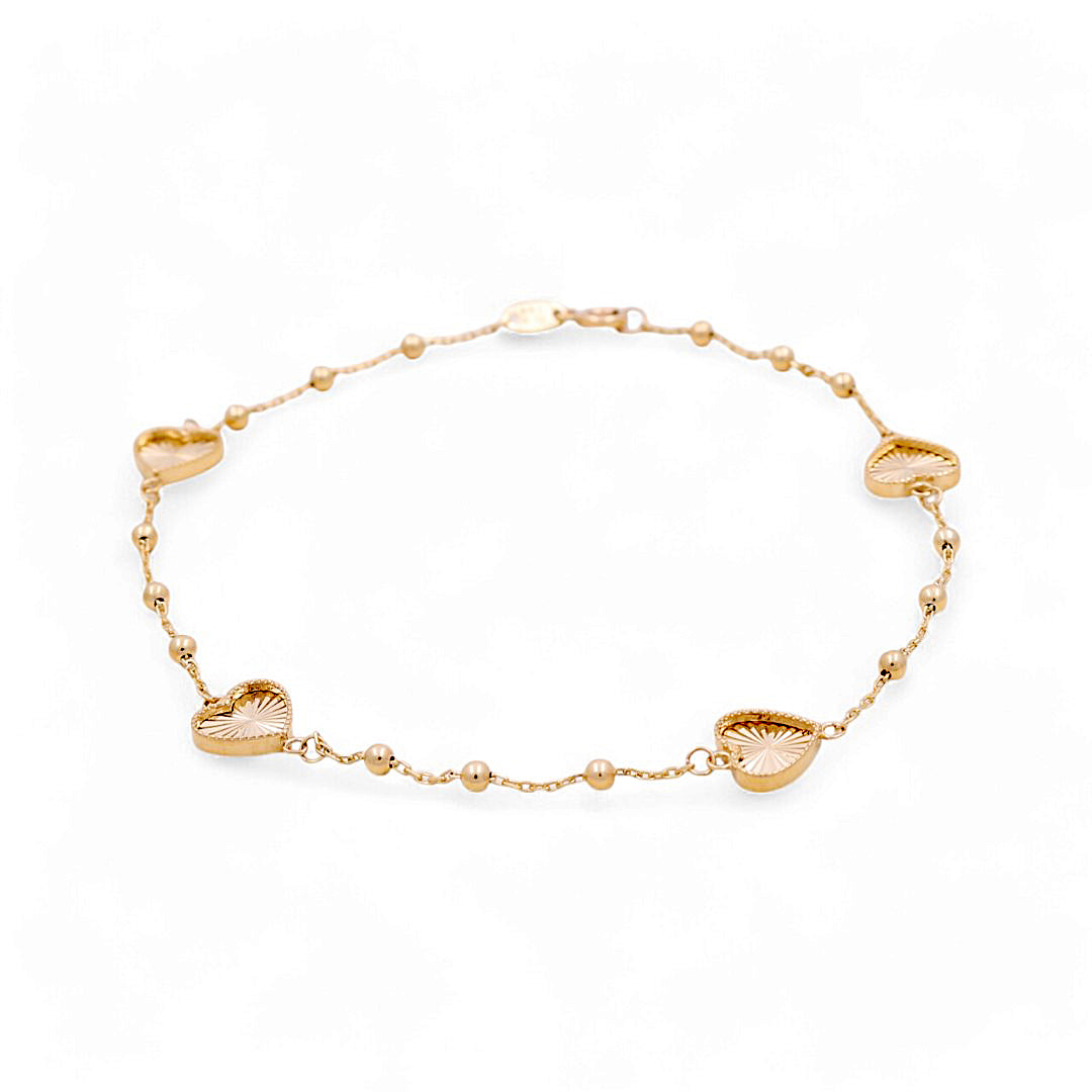 14K Yellow Gold Hearts and Balls Women's Anklet Bracelet / Size: 10" / Weight: 3.4 GR / ICAB4HRBLL