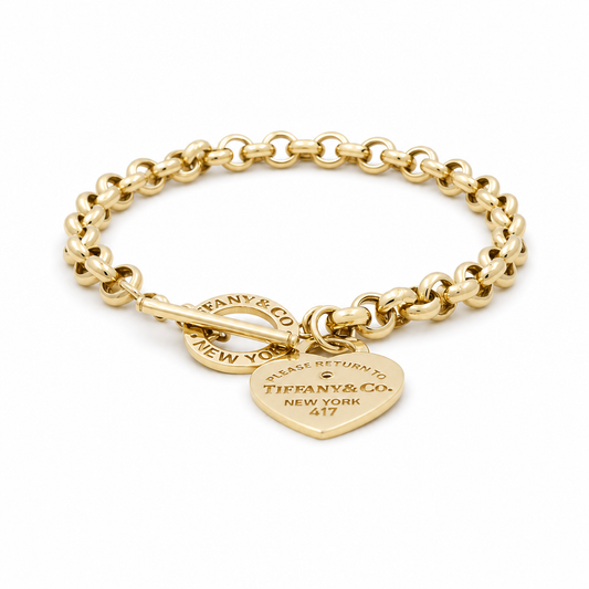 10K TF Yellow Gold Women's Heart Rolo Bracelet With Cz / Size: 7.5" / Weight: 8.7 GR