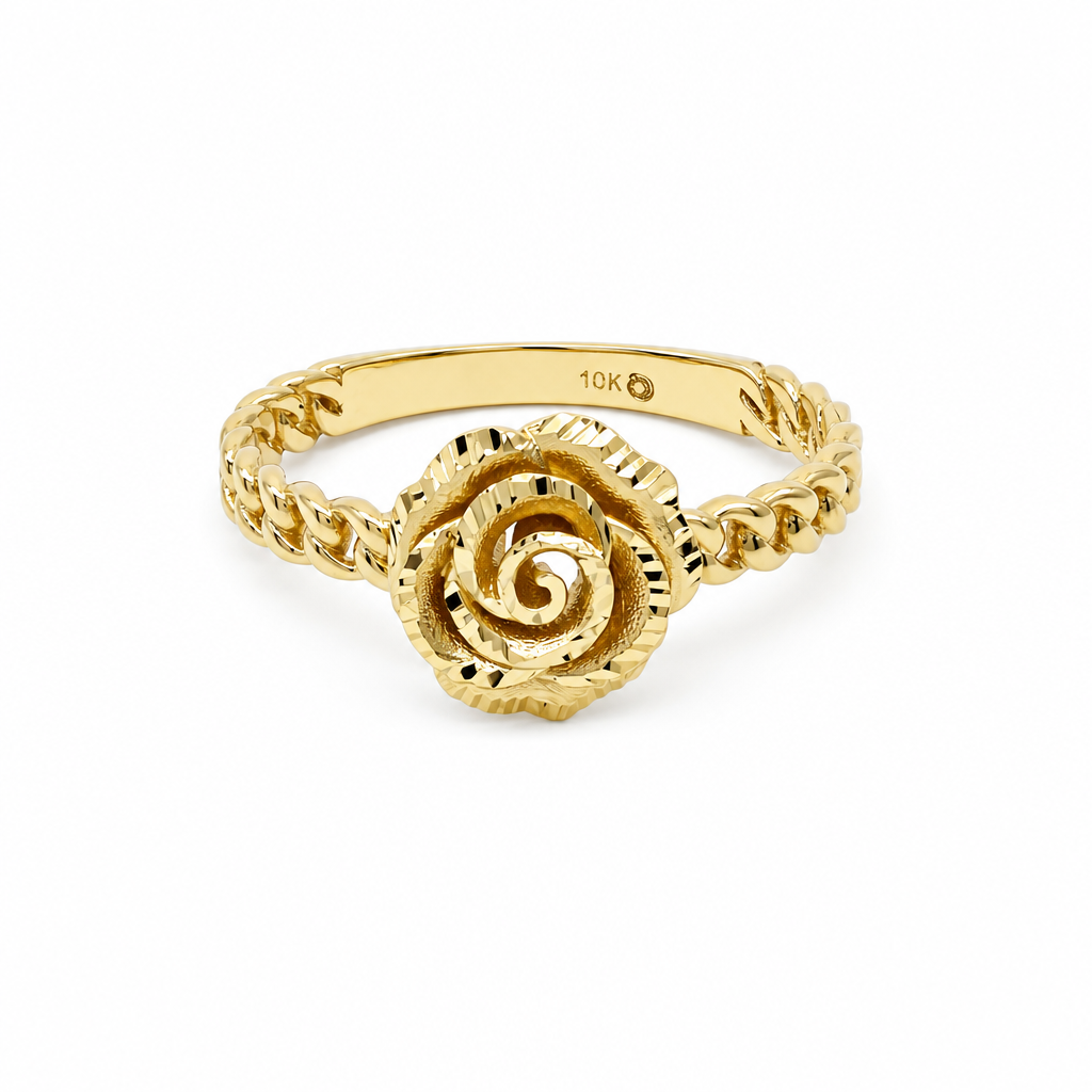 10K Yellow Gold Flower Women's Ring With Chain Link / Size: 8 / Weight: 2.1 GR / DQWR0FL-5