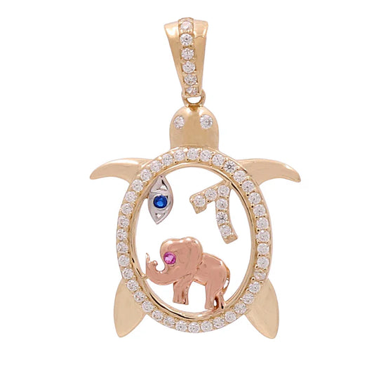 14K Yellow, White and Rose Gold Turtle Pendant / Cz / Weight: 2.2 GR