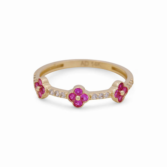 14K Yellow Gold Three Flower Women's Ring with Pink Cz / Size: 7 / Weight: 1.1 GR / Y24-1259