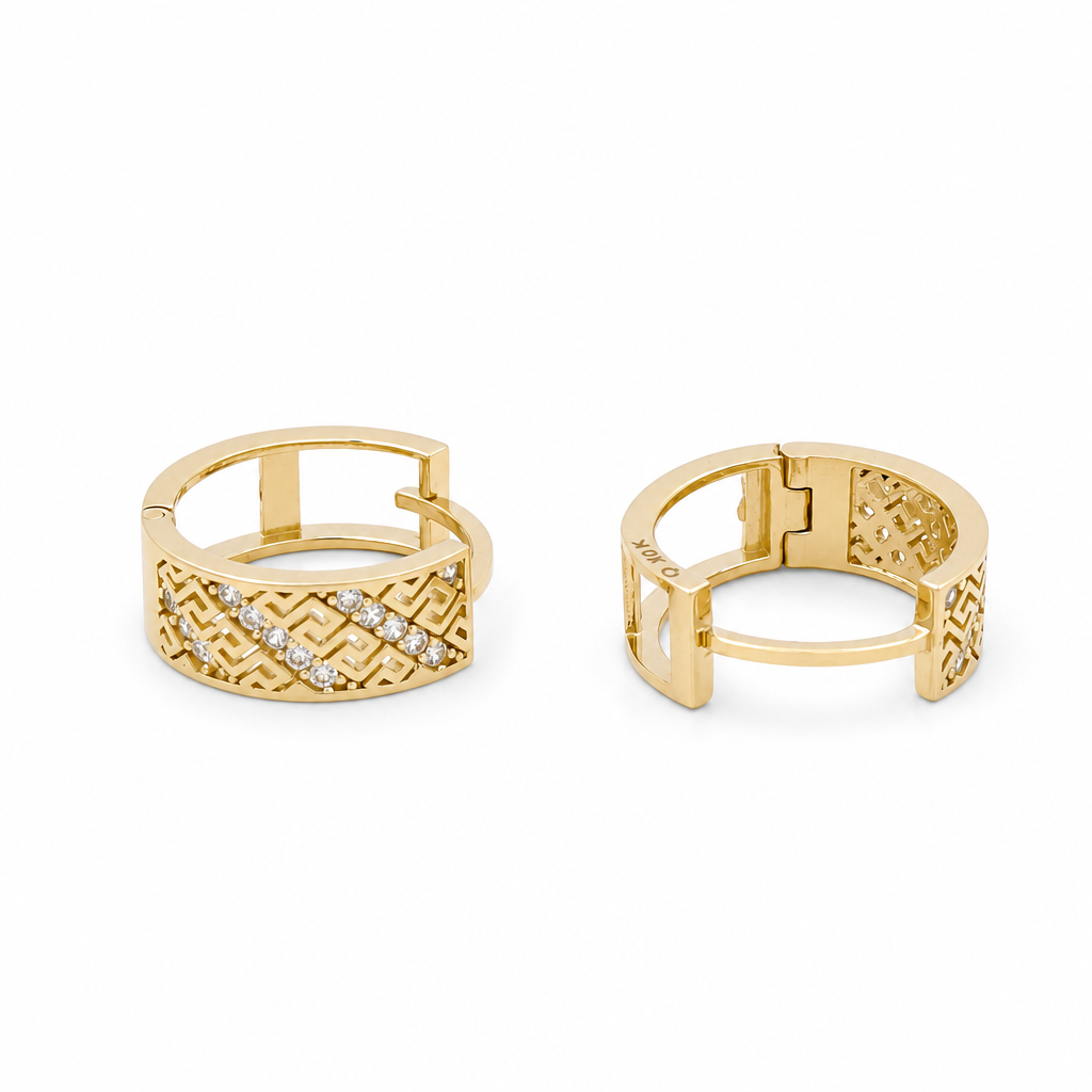 10K Yellow Gold Hoops Earring with Greek Desing and Cz Stone / Size: 5mm x 11mm / Weight: 2.6 GR / DQEH0GR5x11