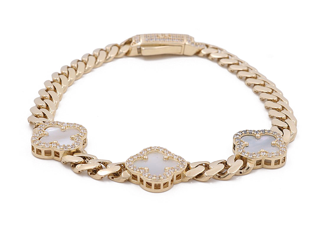 Pulsera de oro amarillo de 14 quilates con trébol blanco y Mónaco / Tamaño: 7,5” / CZ / Peso: 13,0 GR / COWB4CLV-2