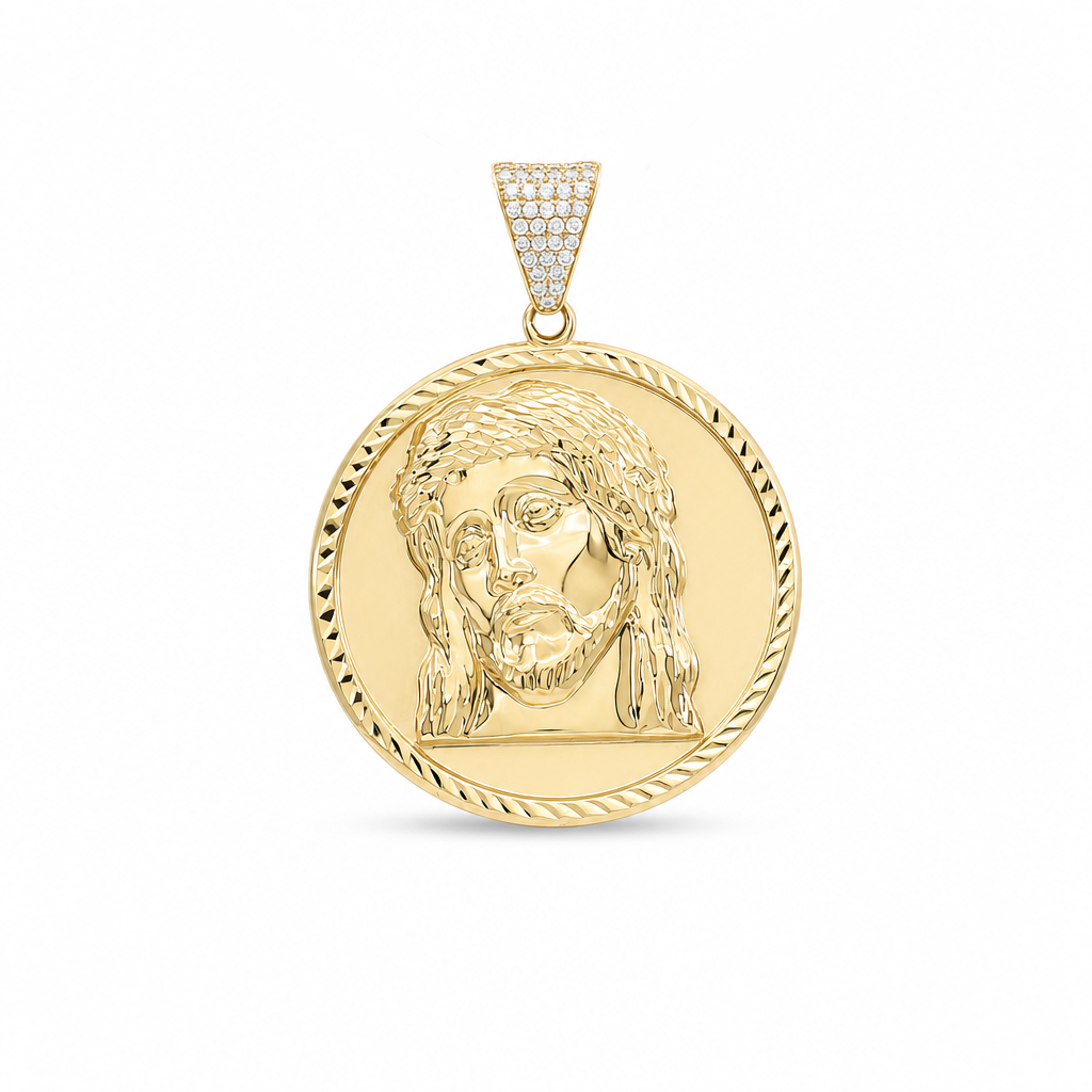 10K Yellow Gold Christ Face Medal Pendant with Cz / Size: 40MM / Weight: 4.8 GR / MGPD0CR