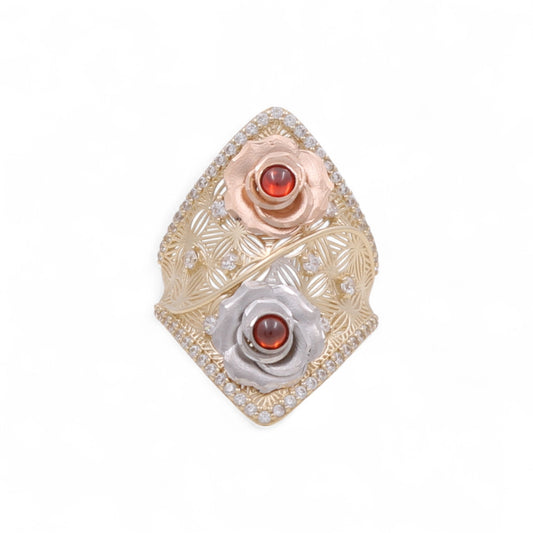 14K Yellow, White and Rose Gold Three Flower Women's Ring with Cz / Size: 8.5 / Weight: 4.7 GR / DQWR3T4FL-3