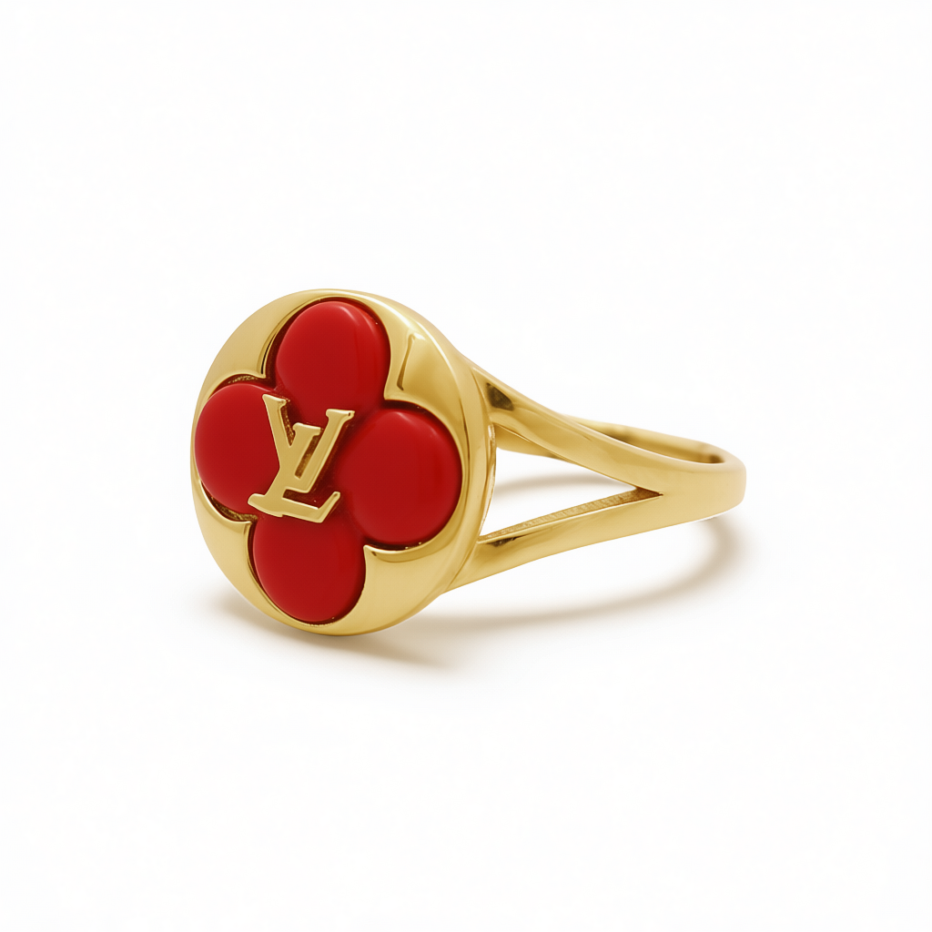 14K Yellow Gold Red Flower LV Women's Ring / Weight 2.4 GR / COWR4FL-1