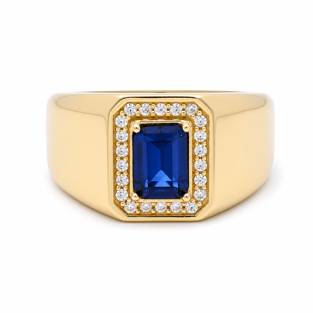 10K Yellow Gold Men's Ring with Cz and Royal Blue Stone / Size: 10 / Weight: 4.9 GR / 602-00212