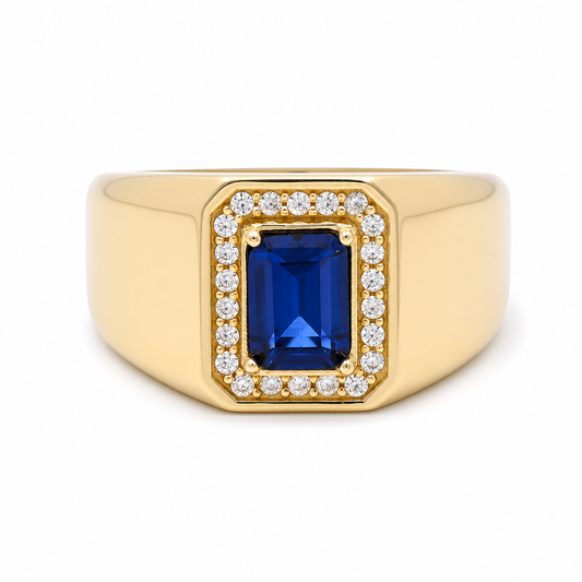 10K Yellow Gold Men's Ring with Cz and Royal Blue Stone / Size: 10 / Weight: 4.9 GR / 602-00212