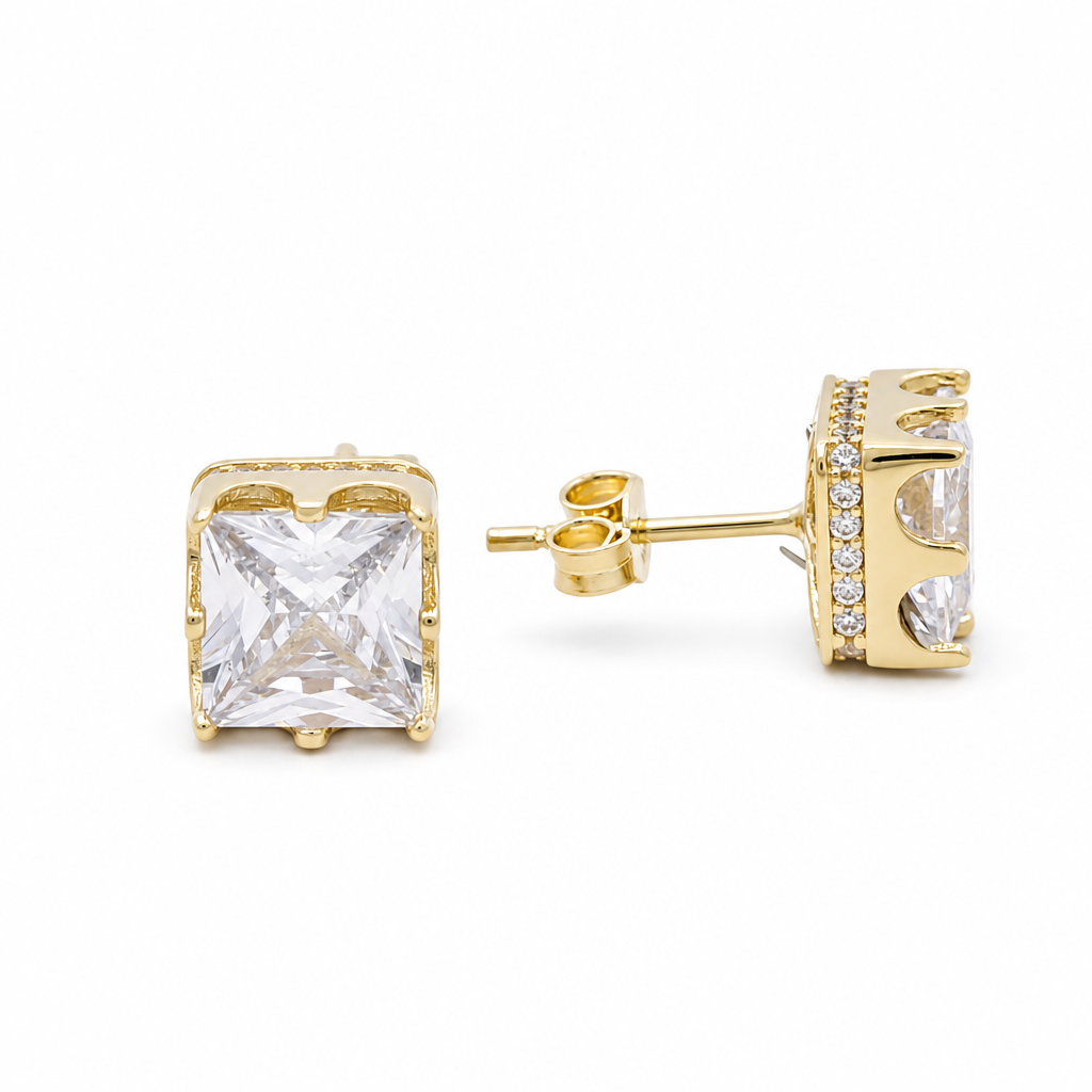 14K Yellow Gold Fashion Square Stud Earrings with Cz / Weight: 3.7 GR / DCFES4FS-1