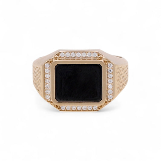 14K Yellow Gold Fashion SQ Men's Ring with Onyx and Cz / Size: 11.5 / Weight: 6.6 GR / CQMR4FS-2