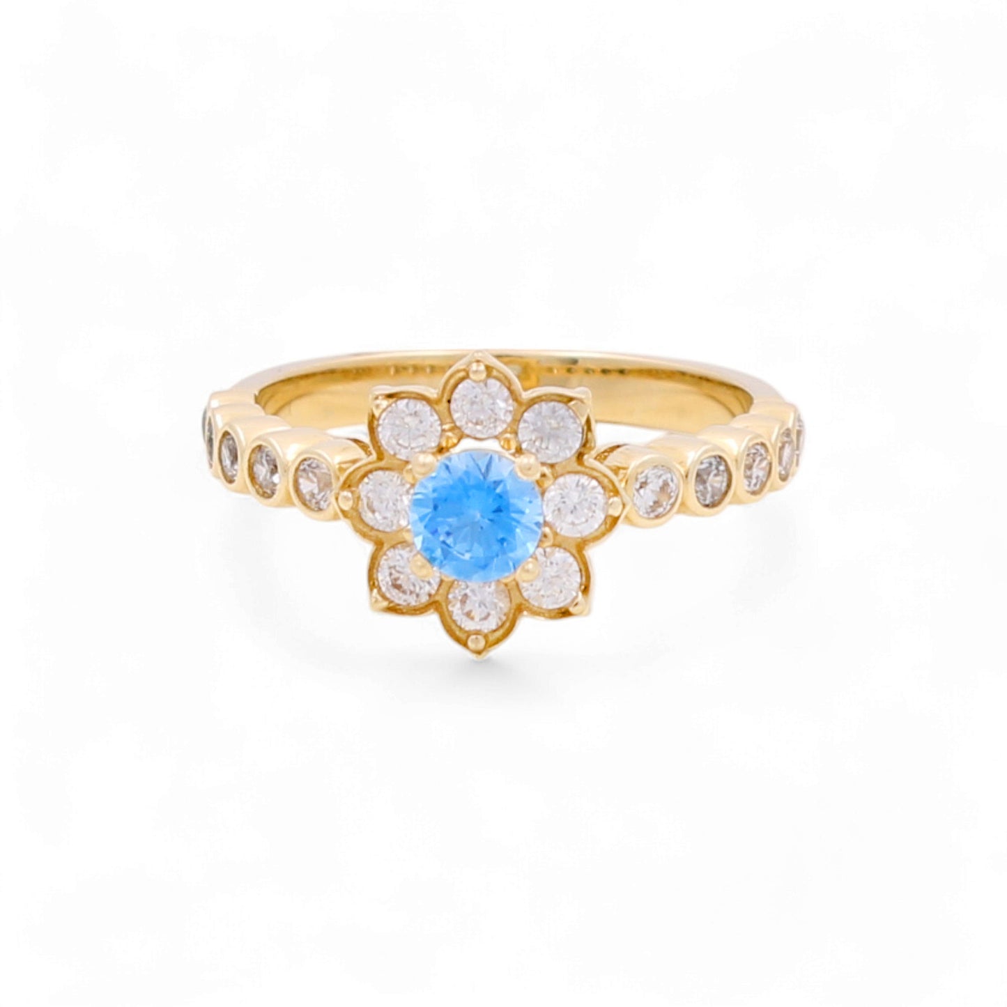 14k Flower Women Ring with Blue Light and White Cz / Weight 4.4 GR / BOWR4FL
