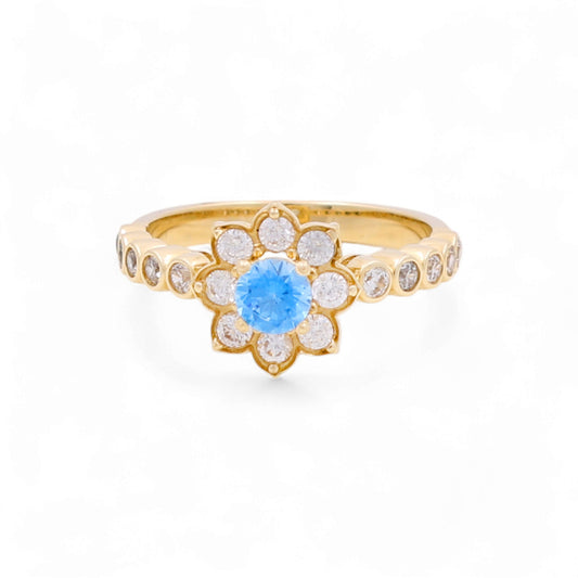 14k Flower Women Ring with Blue Light and White Cz / Weight 4.4 GR / BOWR4FL