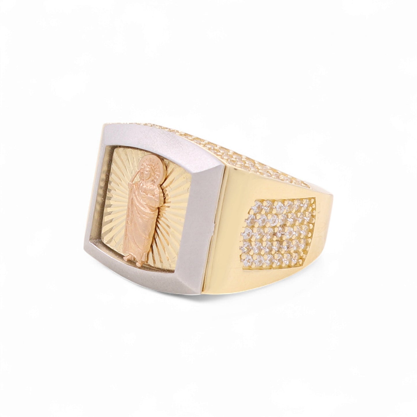 14k Three Tone Square San Judas Men's Ring with Cz / Size 9.5 / Weight 9.3 GR / COMR4SQ3TSJCZ