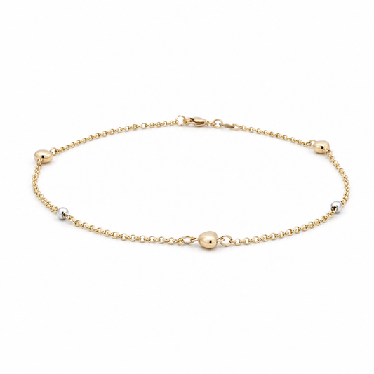 14K Yellow and White Gold Women's Heart Anklet Bracelet / Size: 10" / Weight: 2.8 GR