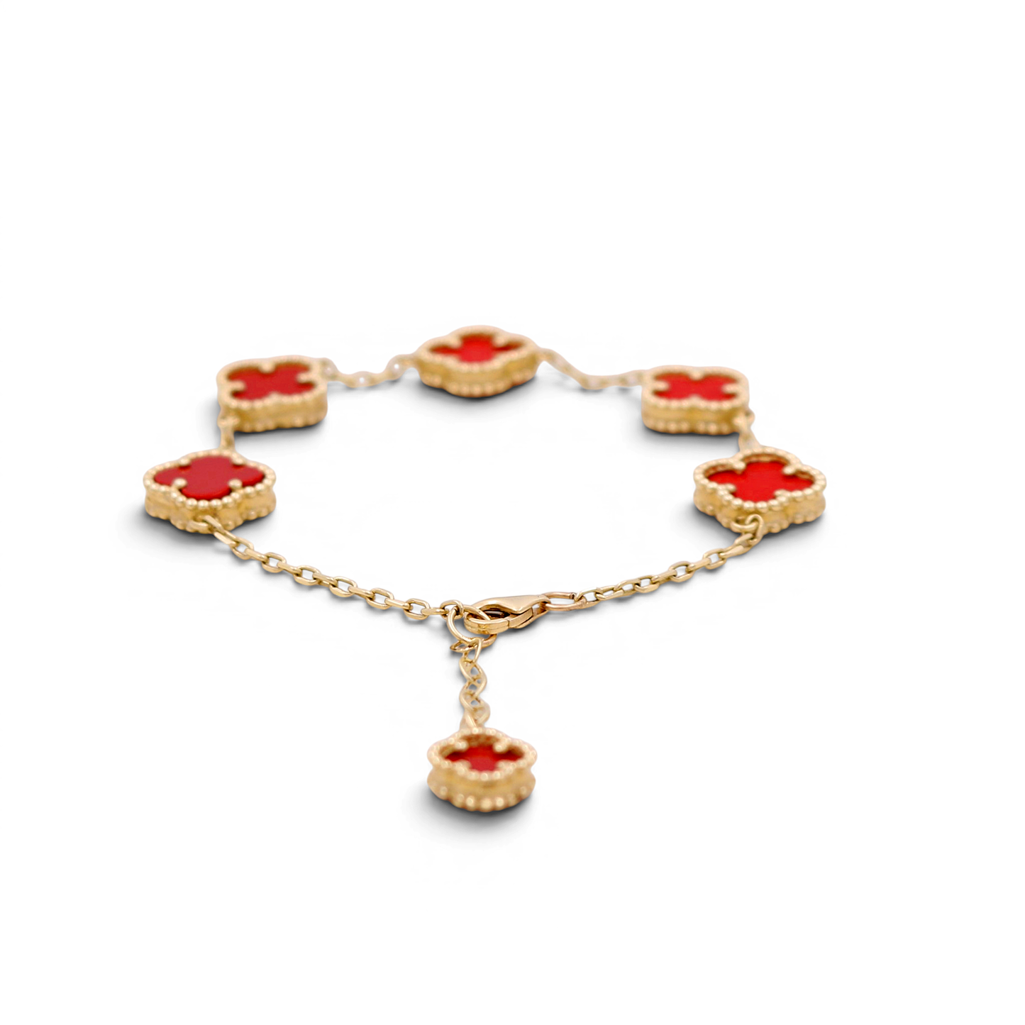 14K Yellow Gold Women's Bracelet with 5 Red Clover / Size 7" / Weight 8.7 GR
