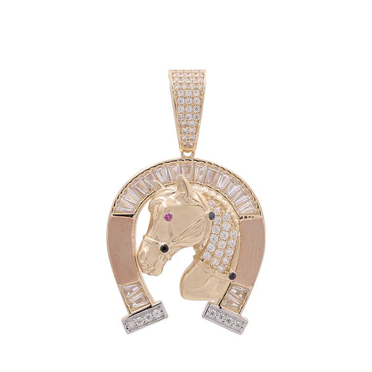 14K Yellow, Rose And White Gold Horseshoe with Horse Pendant / White and Red Cz Stone / Weight: 8.5 GR