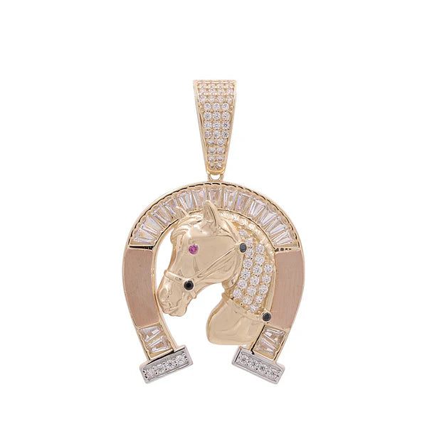 14K Yellow, Rose And White Gold Horseshoe with Horse Pendant / White and Red Cz Stone / Weight: 8.5 GR / COPD3T4HS