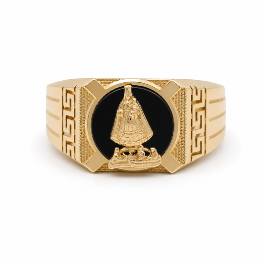 14k Yellow Gold Virgen de la Caridad Men's Rings with Onyx Stone / Size:11 / Weight: 5.0 GR