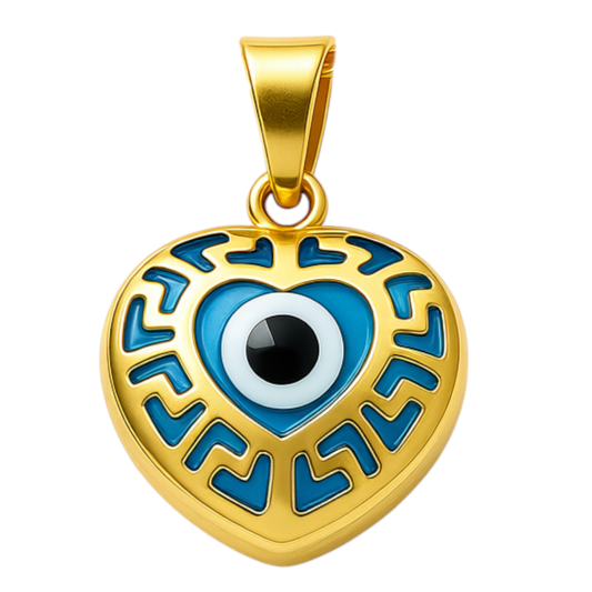 14K Yellow Gold Heart Blue Eye with Greek Pendant / Weight: 1.1 GR / AOPD4EY-5