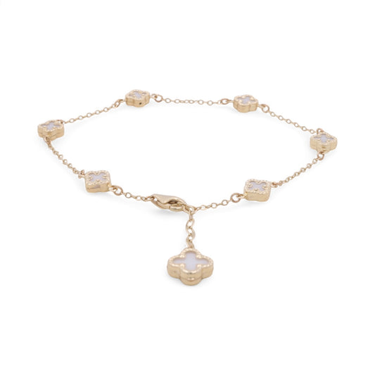 Pulsera de trébol blanco para mujer de oro amarillo 14K / Medida: 7” / Peso: 3.8 GR / BOWB4CLV-1