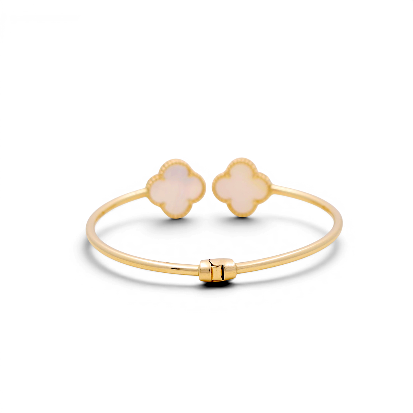 14K Yellow Gold Semisolid Mother of Pearl Two Clover Bangle / Weight: 8.7 GR