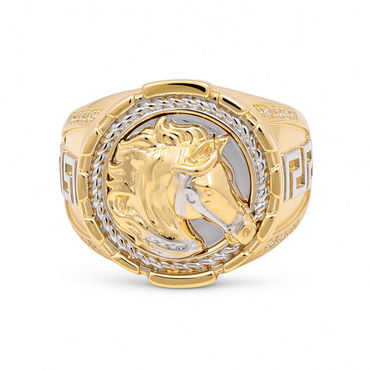 14K Yellow and White Gold Horse Men's Ring with Greek and Cz / Size: 10 / Weight: 12.4 GR / KEEMRTT4HR