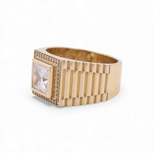 14K Yellow Gold Fashion Square Men's Ring with White Cz / Size 11 / Weight: 8.9 GR / COMR4FS-74